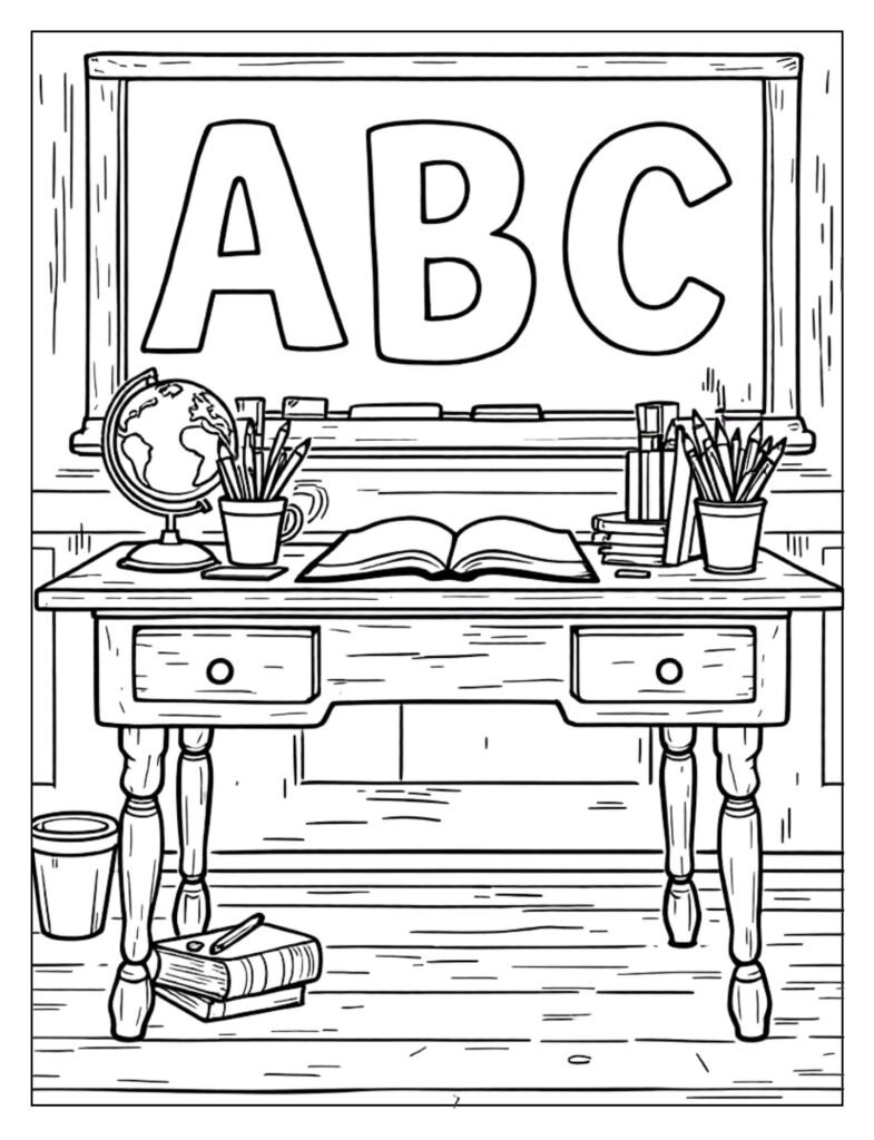 A black and white illustration of a teacher's desk with items like papers and a stapler, ready for coloring.