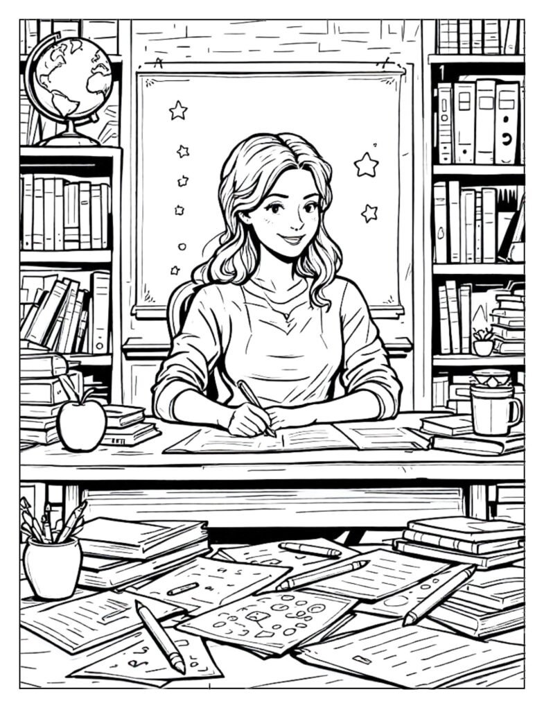 A black and white illustration of a teacher holding or writing in a lesson plan book, ready for coloring.