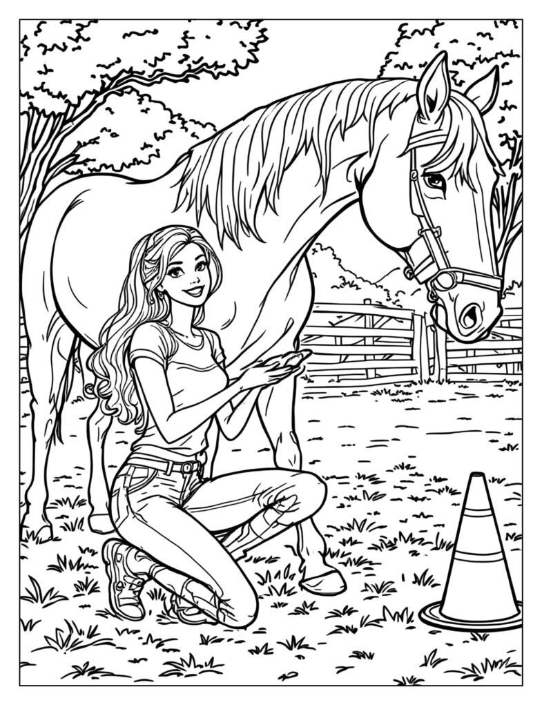 Barbie holding a carrot and teaching her horse to bow or lift a leg.