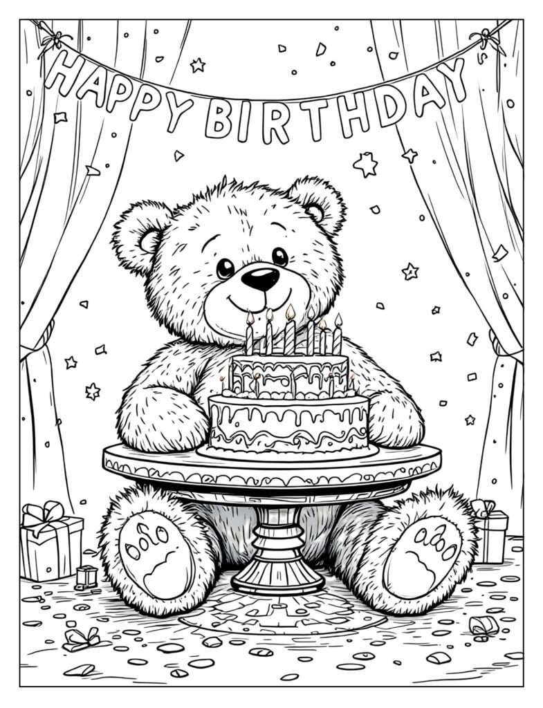 Teddy bear with a big birthday cake coloring page