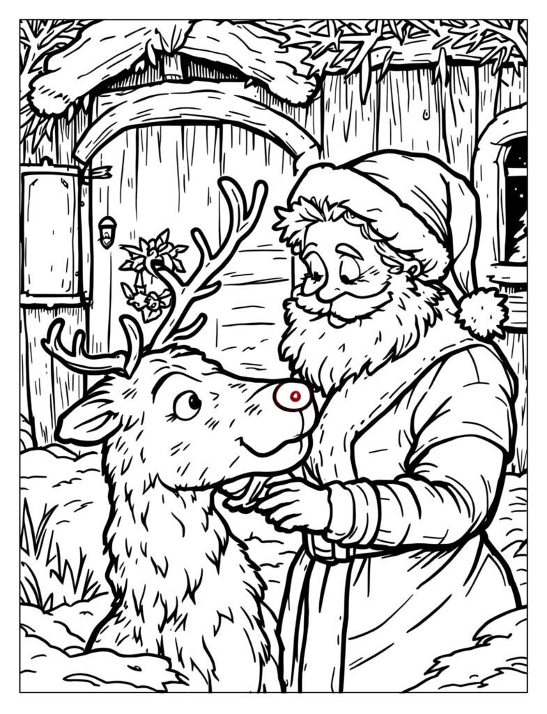 Mrs. Claus outdoors in a snowy stable, gently brushing the coat of one of the reindeer.