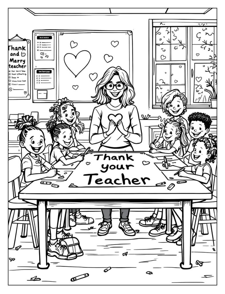 Students giving their teacher a large thank you card.