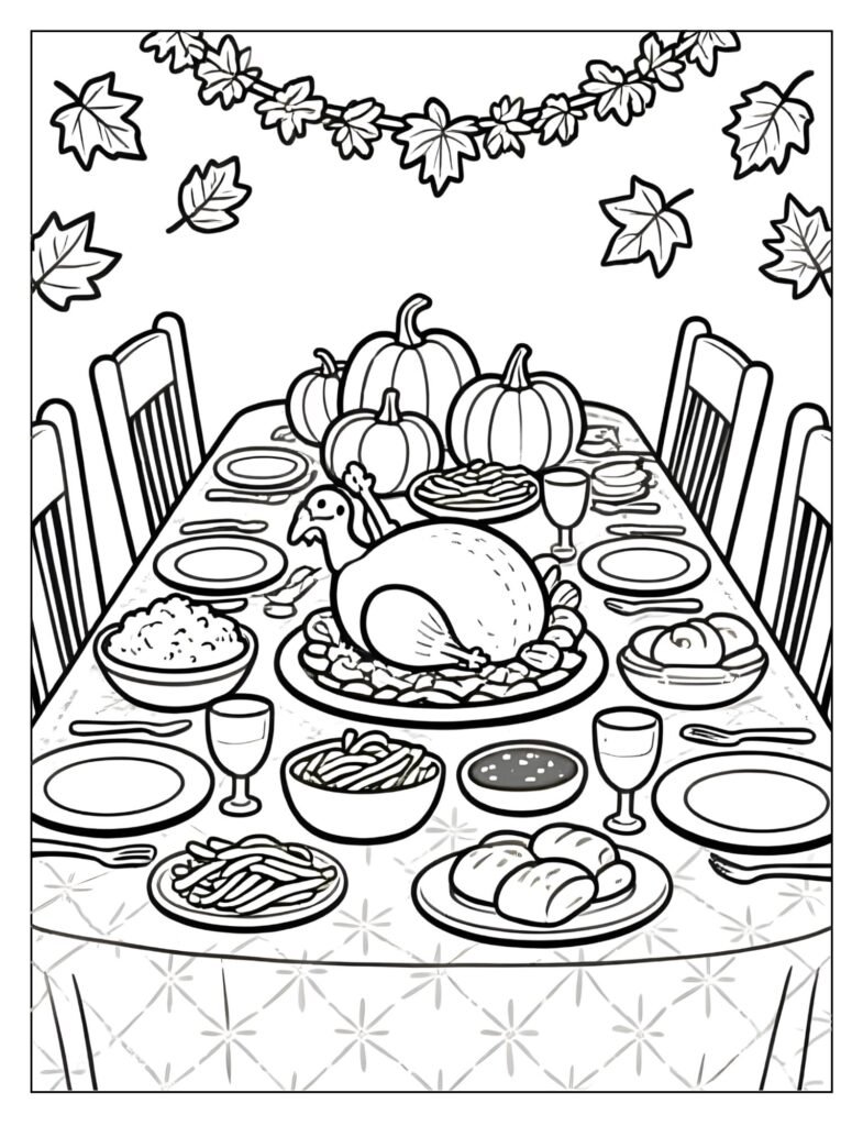 A table set with Thanksgiving food like turkey and pumpkins.
