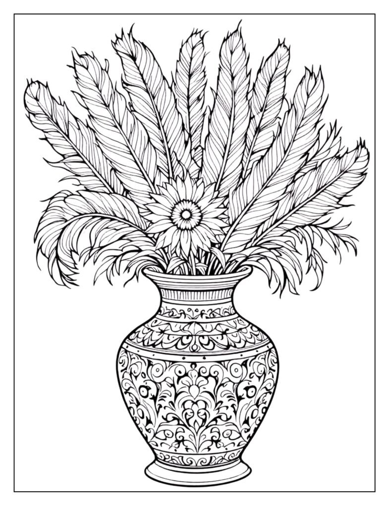  A decorative vase or jar holding a bouquet of ornamental turkey tail feathers.
