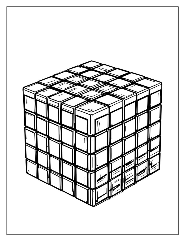 Complex, detailed drawing of the large 5x5x5 Professor's Cube with a dense grid of 25 small squares on each visible face.