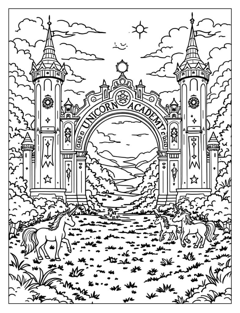 Unicorn Academy main entrance with unicorns grazing coloring page