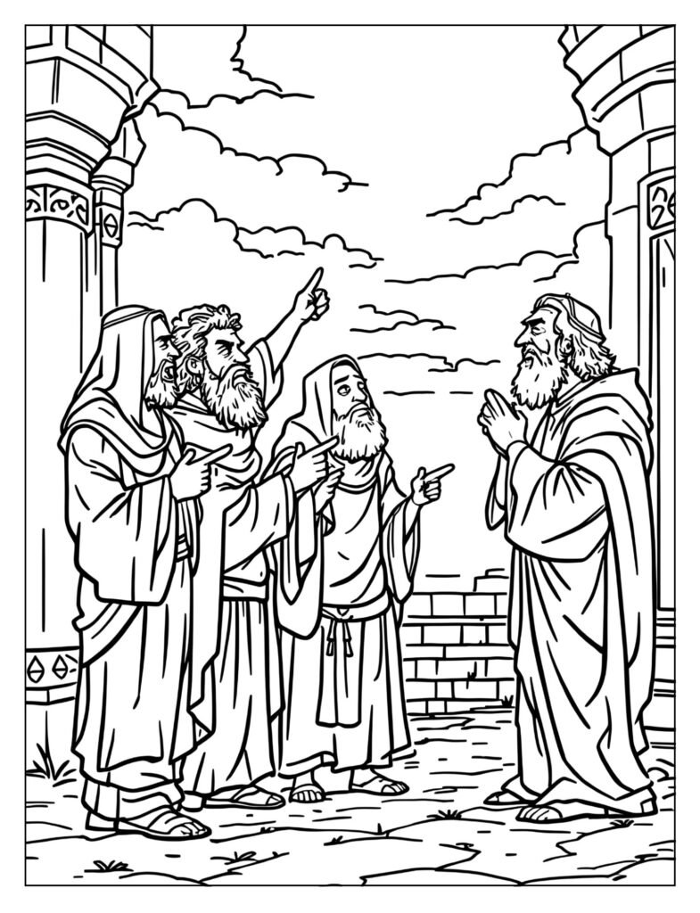 Officials pointing at Daniel while he prays.

