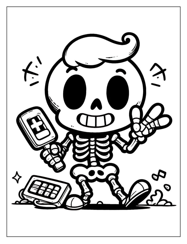 An outline drawing of a skeleton in a whimsical and entertaining pose, ready for coloring.