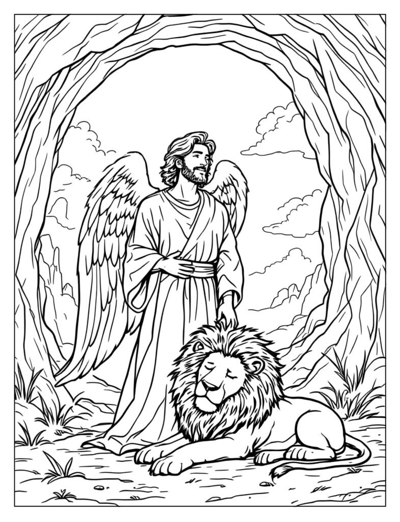 An angel standing next to Daniel and the lions.