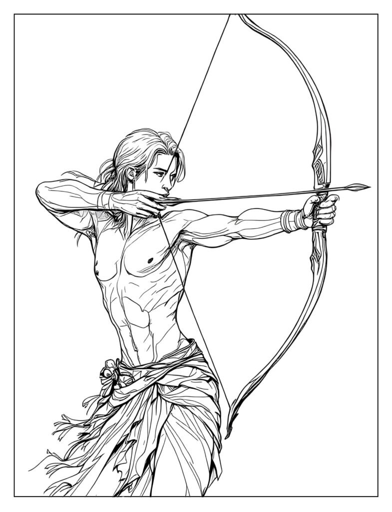 Detailed drawing of an archer with a recurve bow fully drawn, aiming at a distant target with perfect posture.