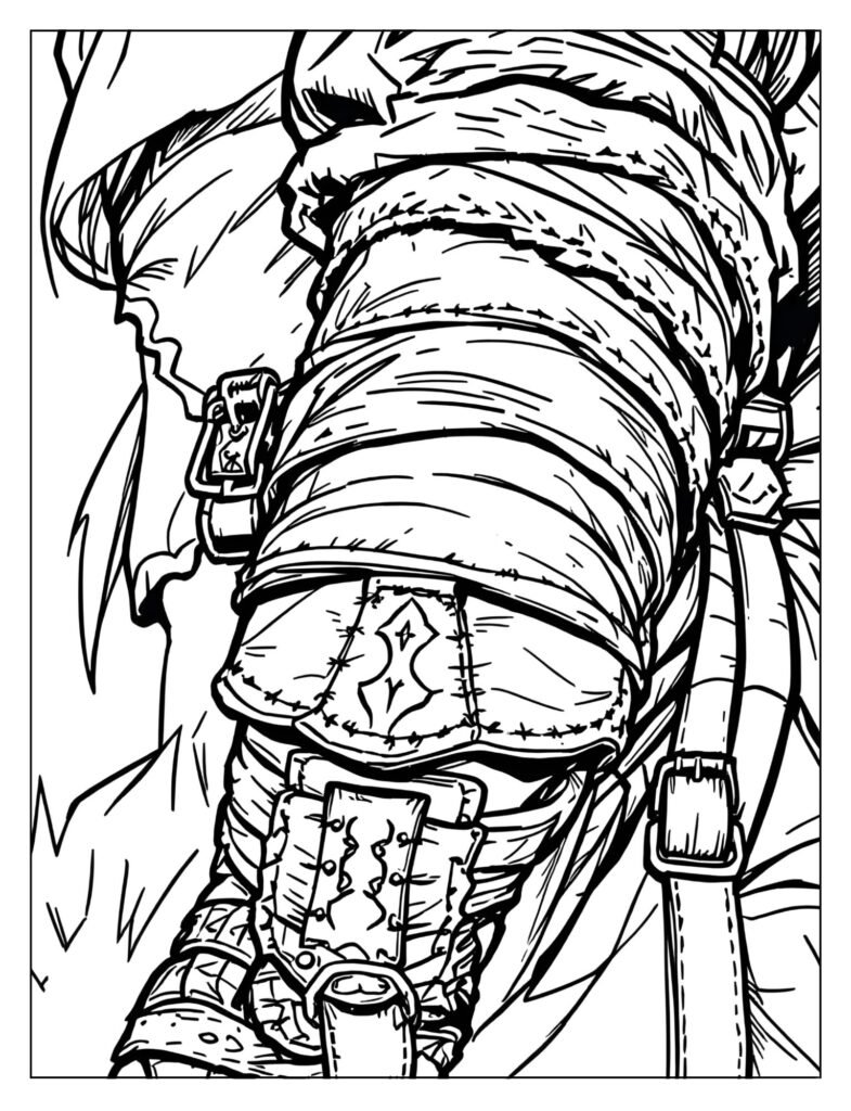 Close-up of an archer's forearm with a protective armguard and a detailed finger tab on the hand.