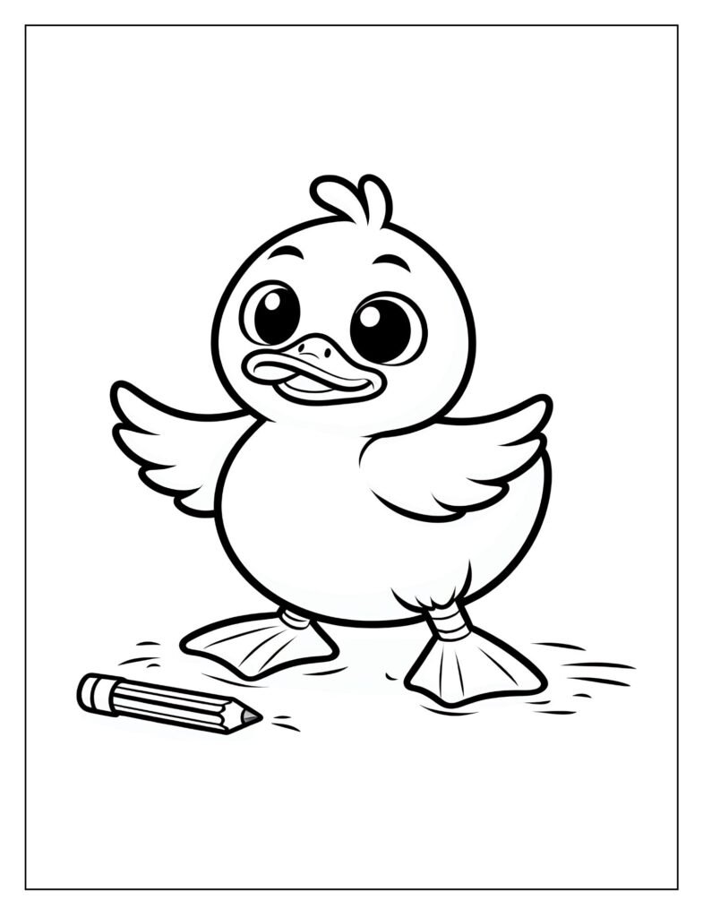  A black and white drawing showcasing a duck in an artistic or stylized pose, perhaps with decorative elements around it, ready for coloring.