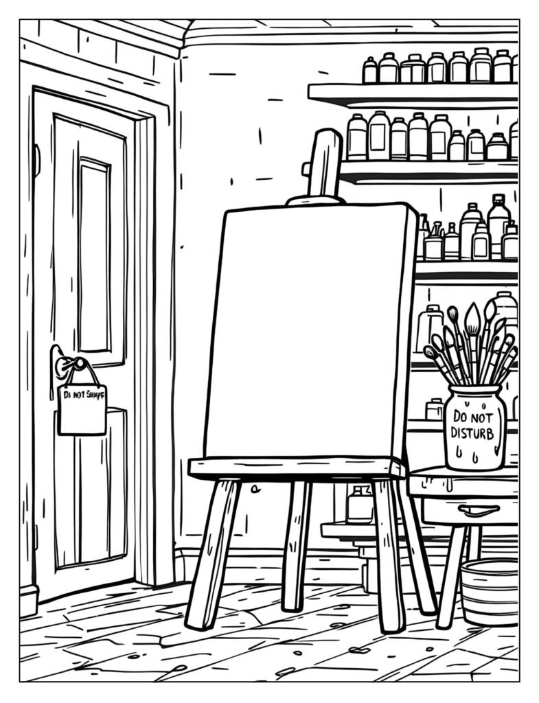 An artist's studio with a "Do Not Disturb" sign.