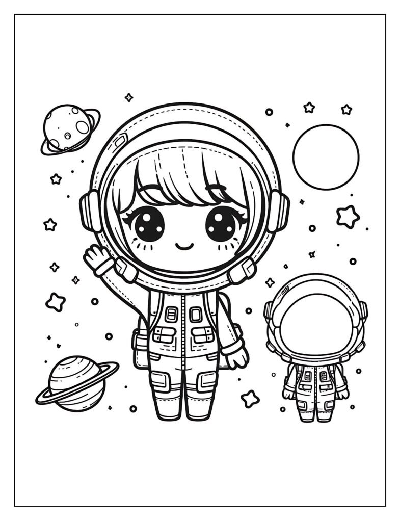 An outline illustration showing an astronaut traveling through a galaxy filled with stars, nebulae, and planets, designed for coloring.