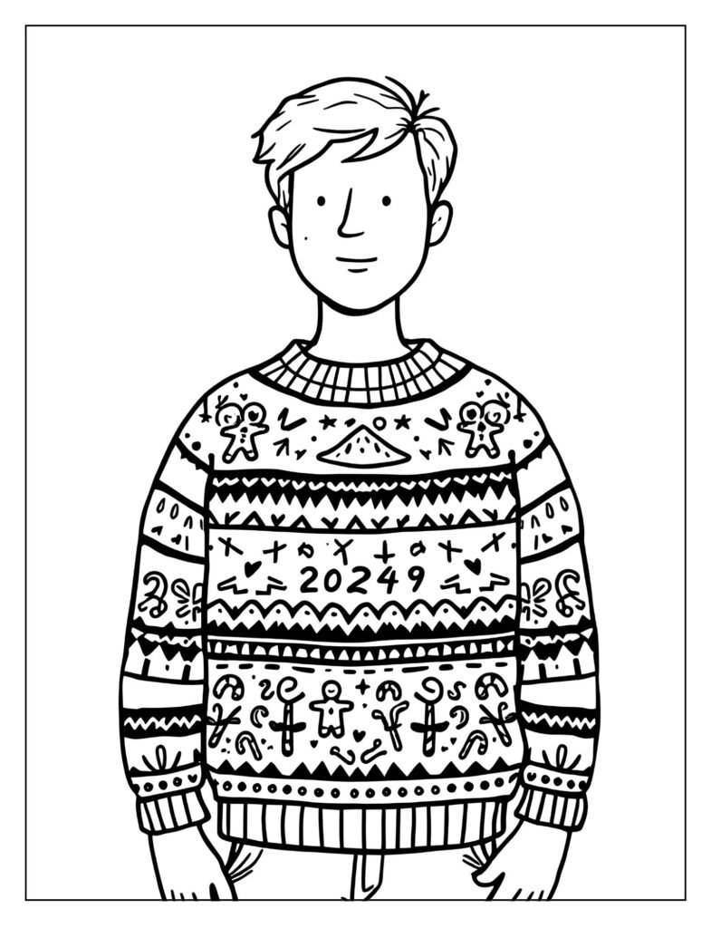 Drawing of a sweater being worn by a simple cartoon person, designed to look purposefully clashy and ugly with bizarre color blocks and strange holiday symbols.
