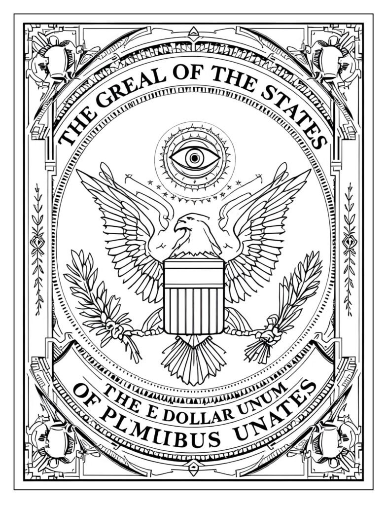 Detailed drawing of the back of the US one-dollar bill, featuring the Great Seal of the US (Pyramid and Eagle).