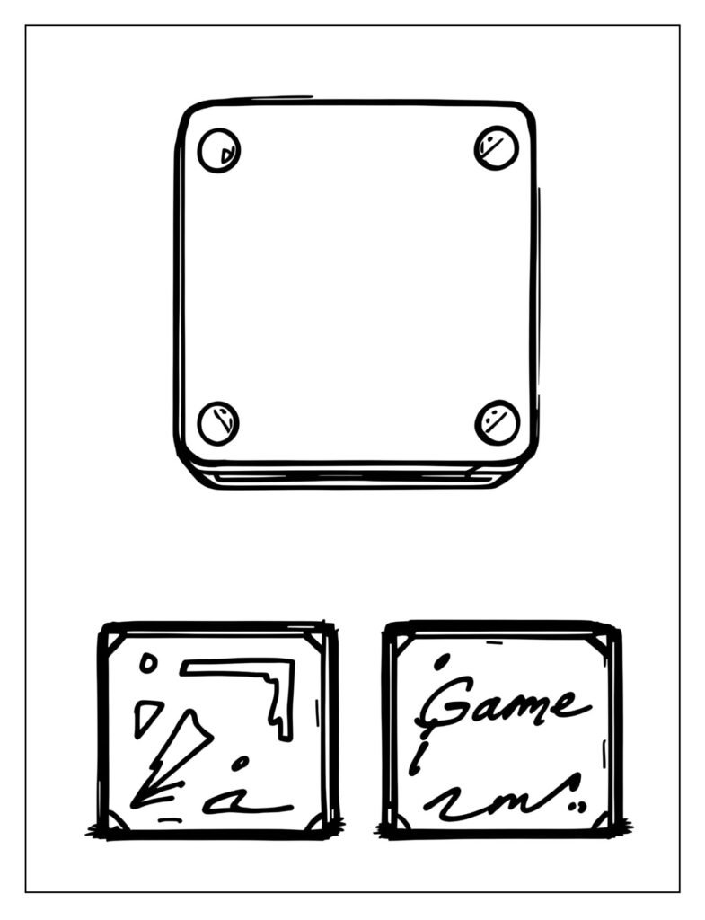 Drawing of the classic square player icon mid-jump, positioned between two flat ground blocks.