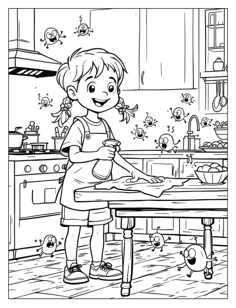 A child wiping down a table with cleaning spray, with tiny scared germs running away.