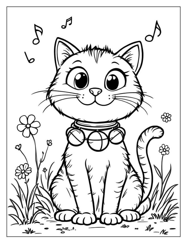 A black cat with a musical collar meowing.