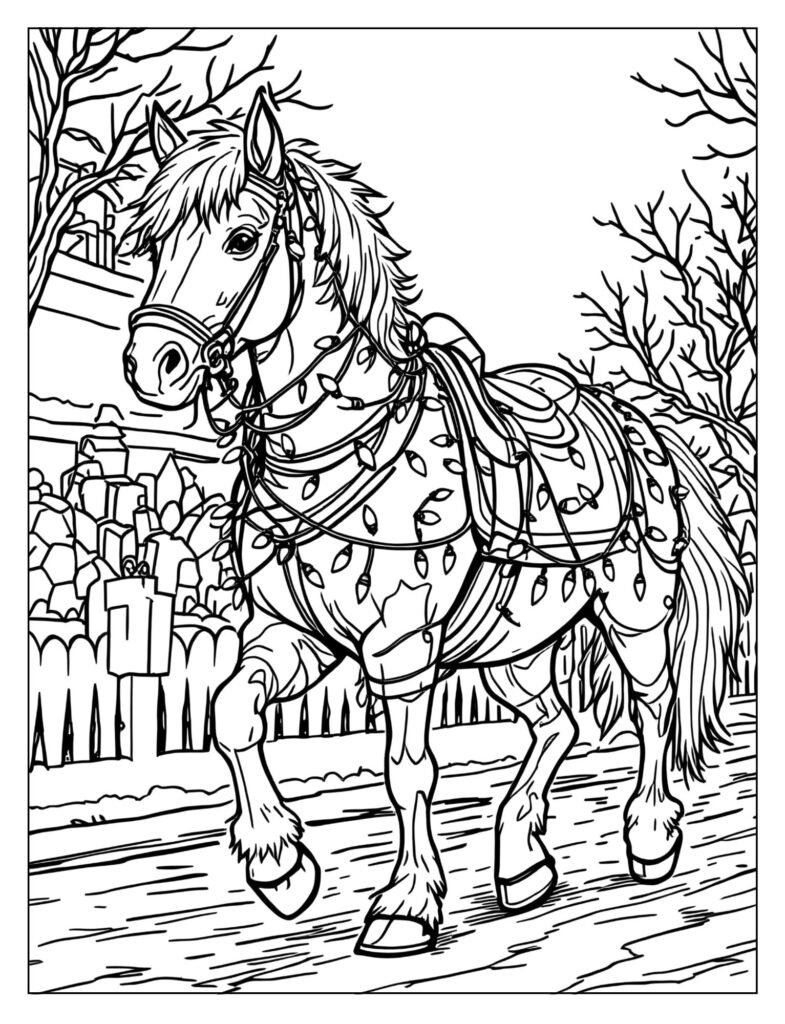 Side view of a horse walking proudly in a nighttime Christmas parade, illuminated by bold strings of lights.