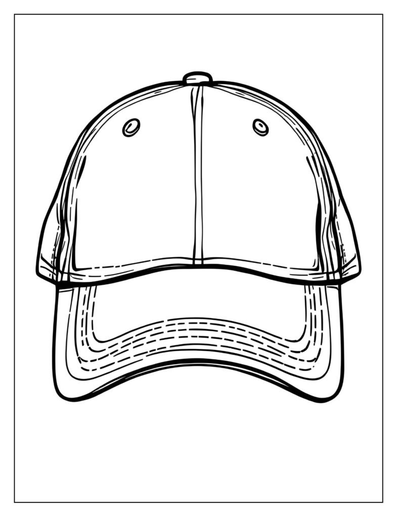 Detailed drawing of a standard, blank, six-panel baseball cap with a slightly curved brim.