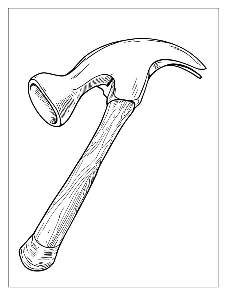 Detailed drawing of a classic claw hammer, showing the steel head, claw, and wooden handle.
