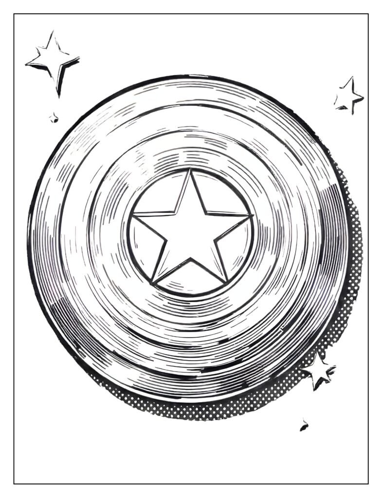  Captain America's shield drawn with thick black lines and Ben-Day dot patterns in classic comic book style.