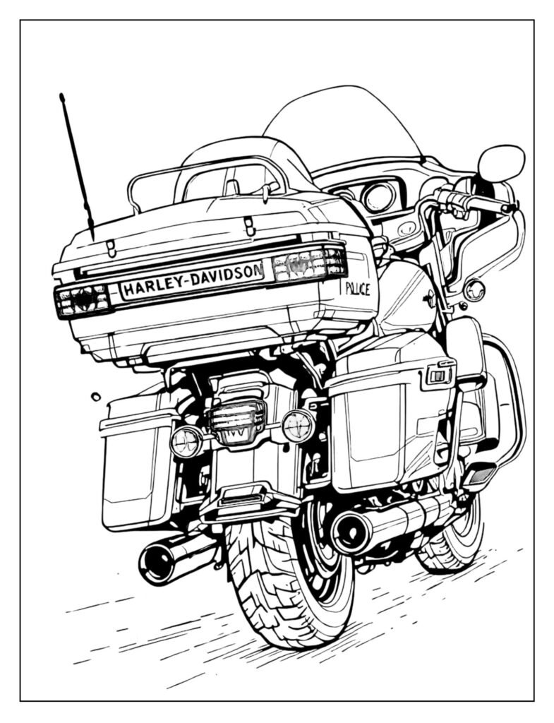 Detailed drawing of a large, classic American police motorcycle with a windshield and saddlebags.