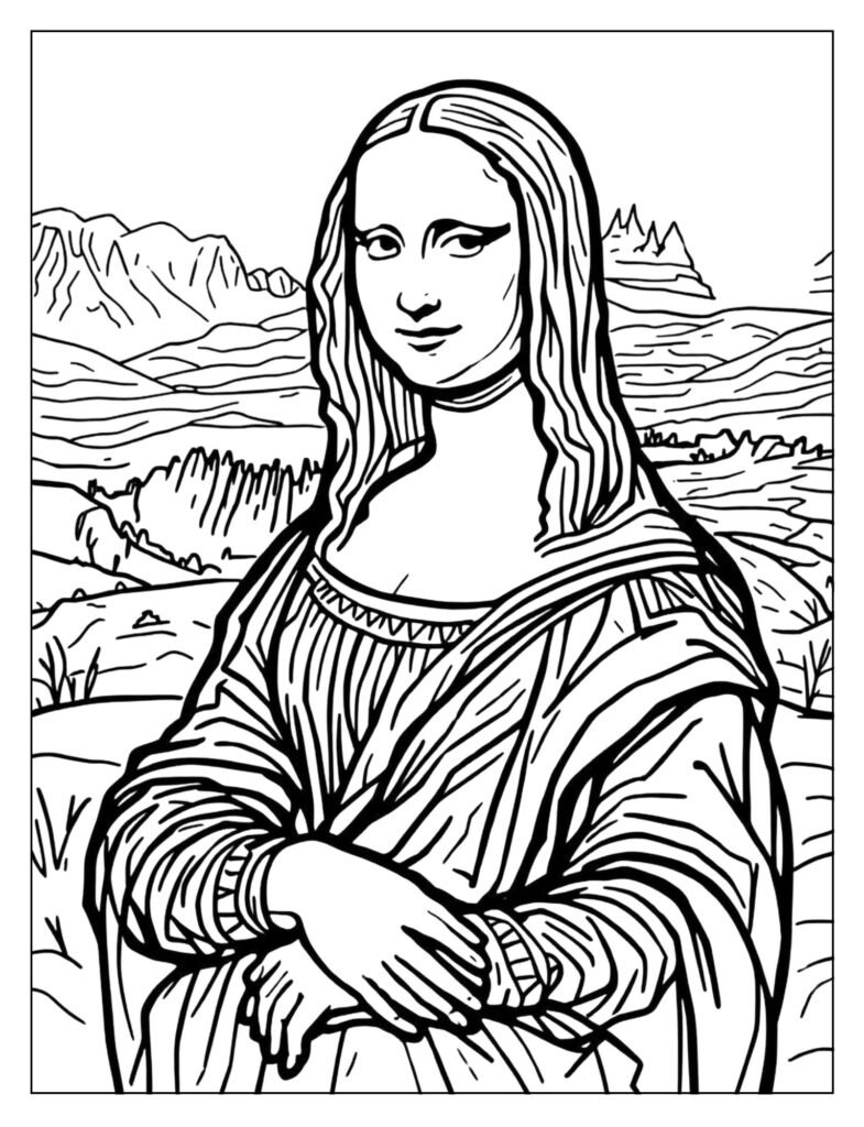 A black-and-white outline of Leonardo da Vinci's Mona Lisa, with her serene face, famous smile, and folded hands.