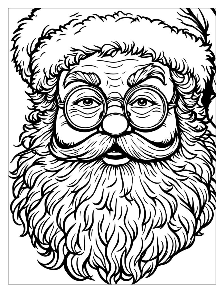 Detailed, close-up drawing of Santa Claus's face, featuring his cheerful expression, rosy cheeks, spectacles, and the dense texture of his huge beard.