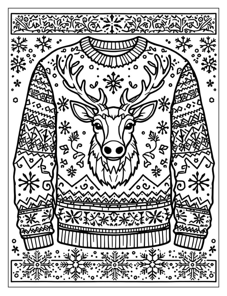Drawing of a traditional crewneck sweater featuring a large, stylized reindeer head motif in the center, surrounded by snowflake borders.
