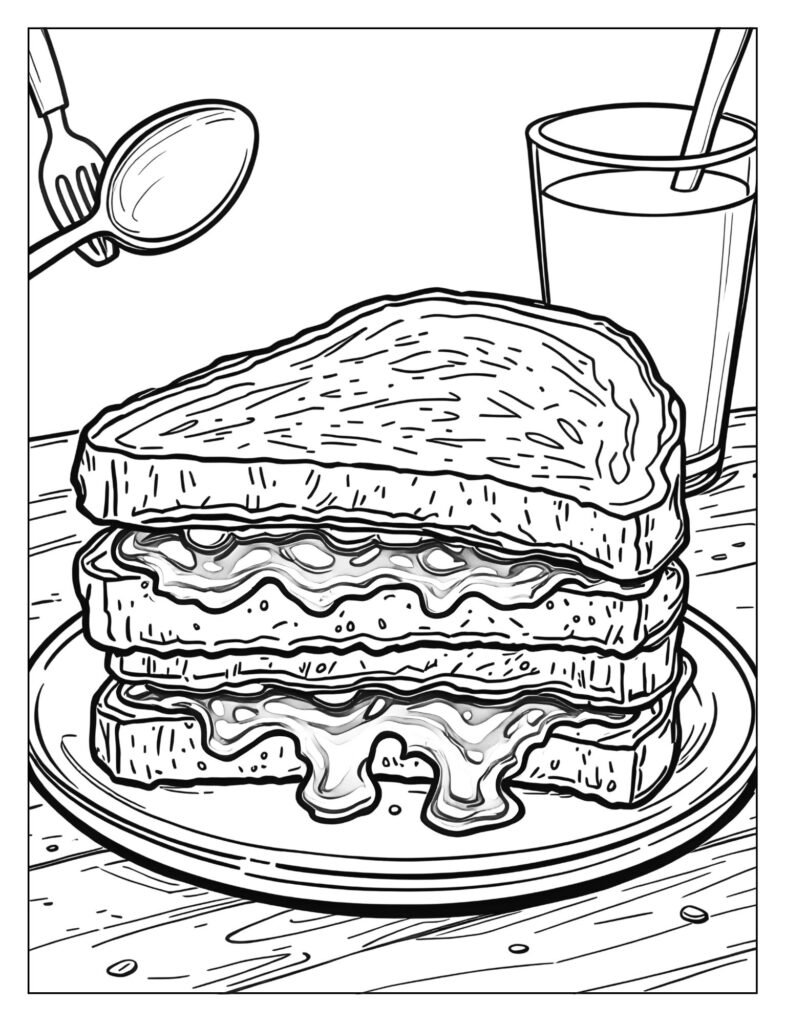 Detailed drawing of a peanut butter and jelly sandwich cut diagonally, showing the distinct layers.