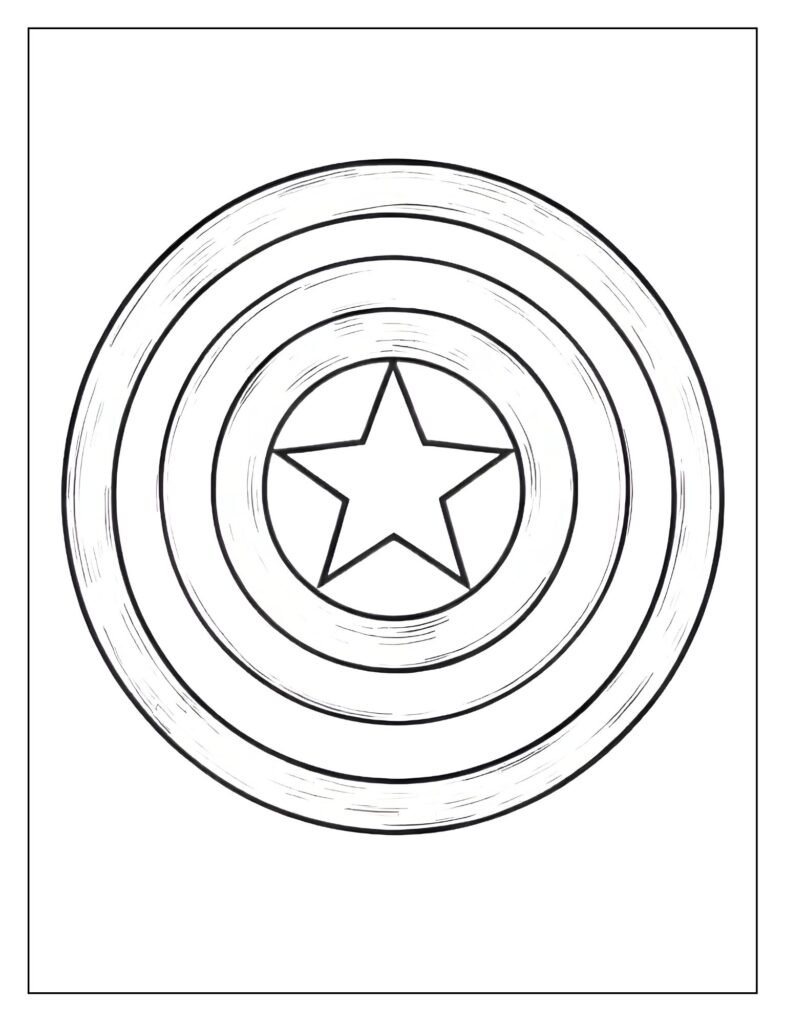 Detailed drawing of Captain America's classic circular shield with red, white, and blue concentric rings and a white star.