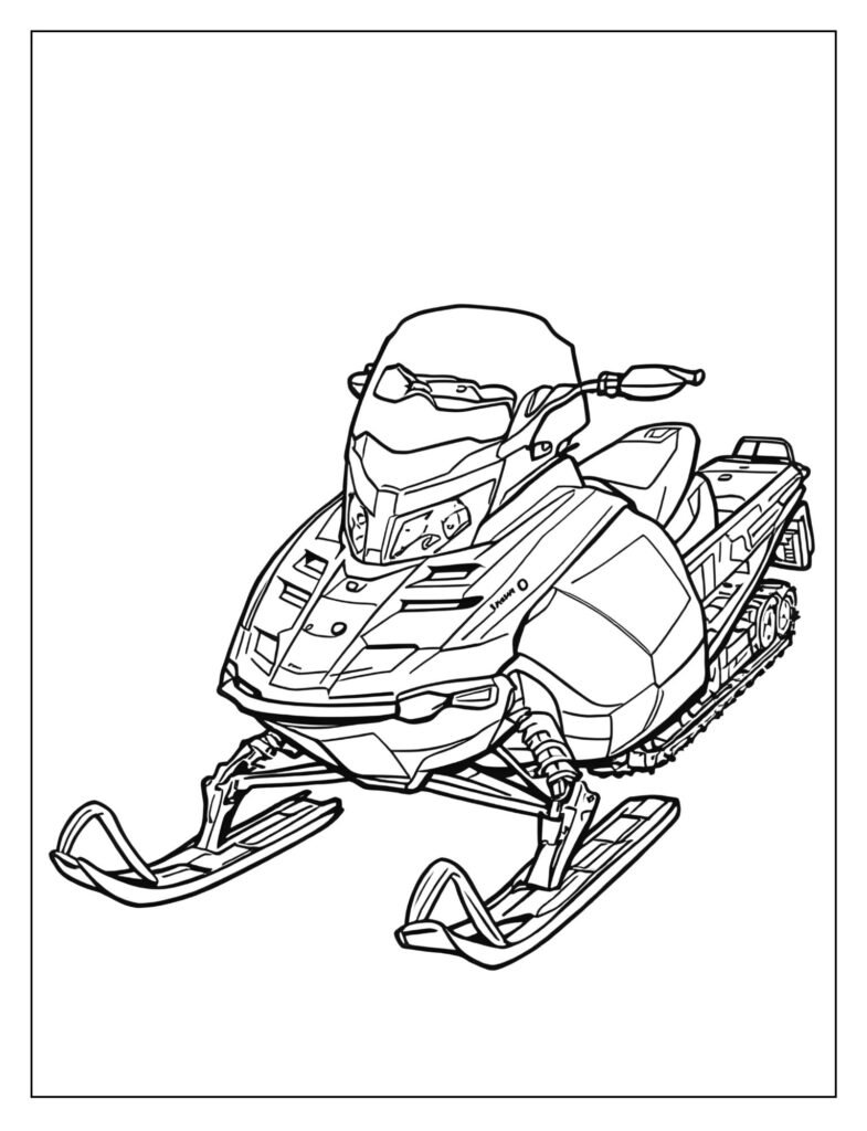 Detailed drawing of a standard, modern snowmobile, emphasizing its sleek body, wide skis, and track system.