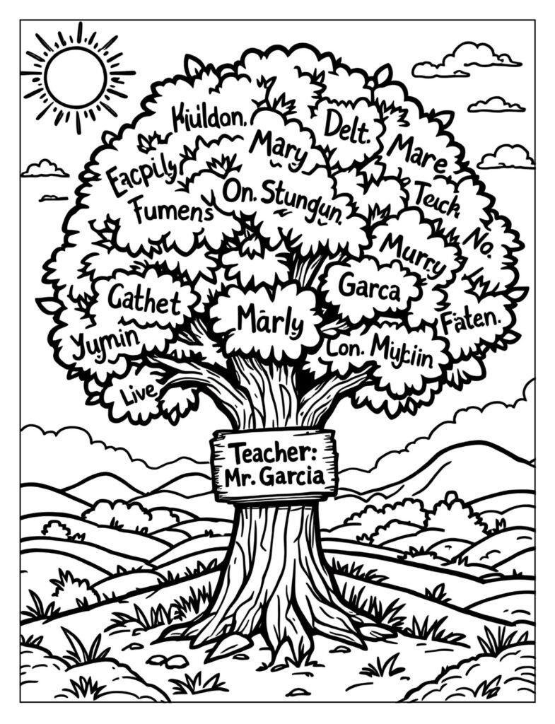 A family tree with leaves containing the names of the teacher and students.