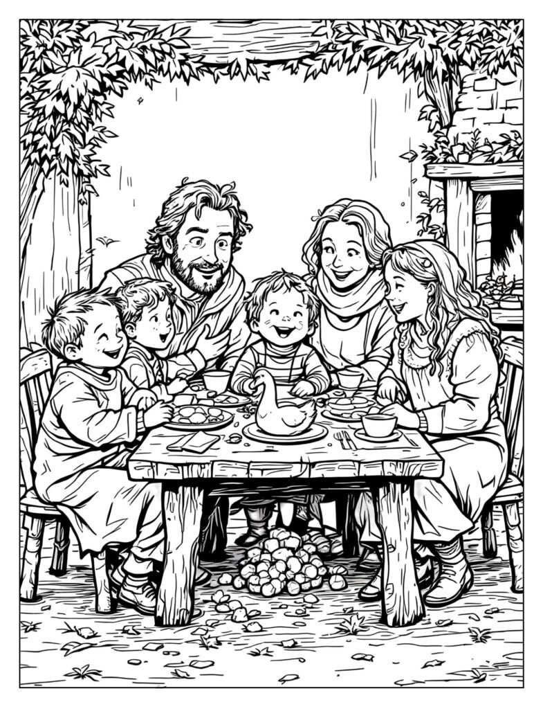 Heartwarming scene showing the entire Cratchit family gathered around a small table, happily celebrating Christmas.