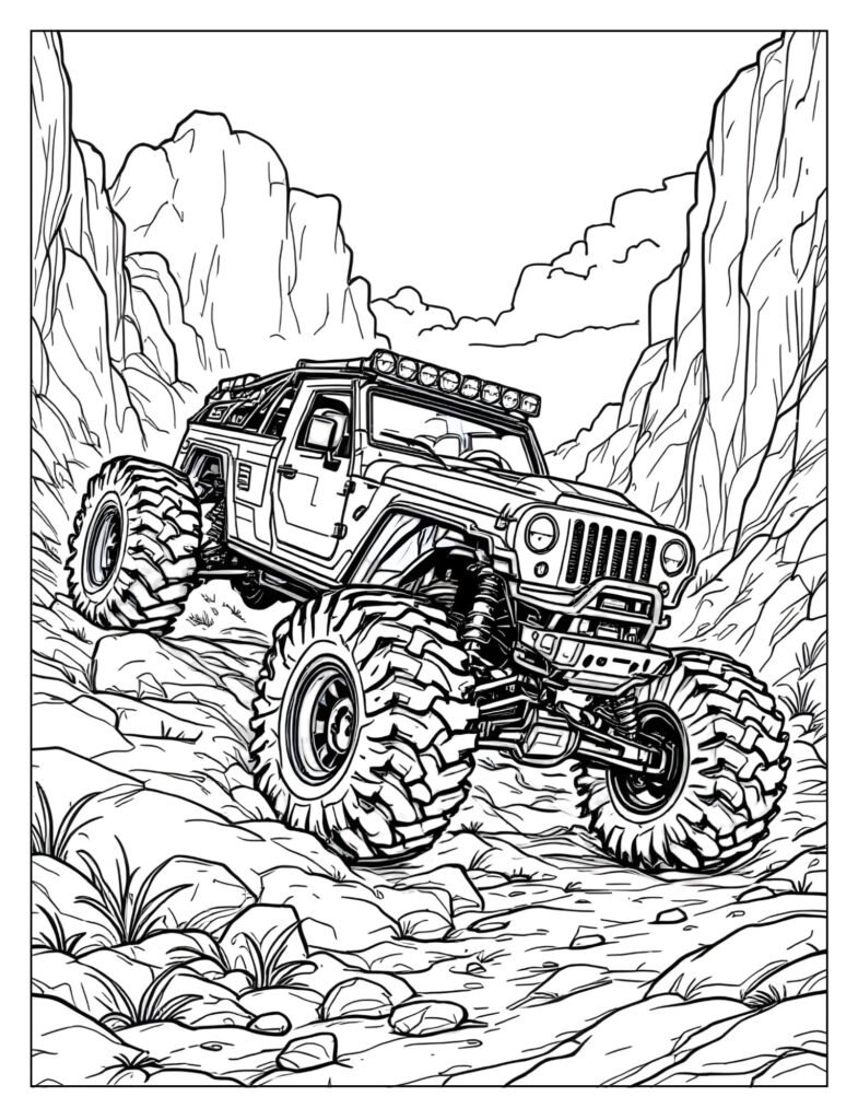 Drawing of a slow, high-torque RC rock crawler with articulated suspension, carefully climbing over a pile of large, chunky rocks.