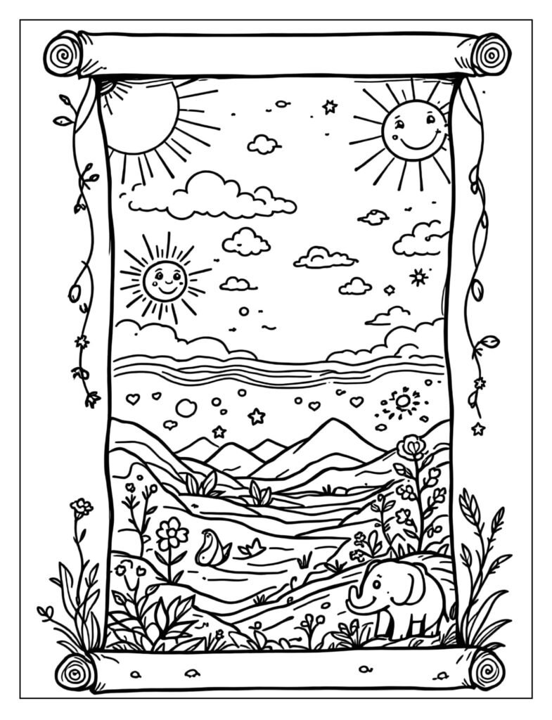 A scroll-like drawing with pictures of the seven days of creation.
