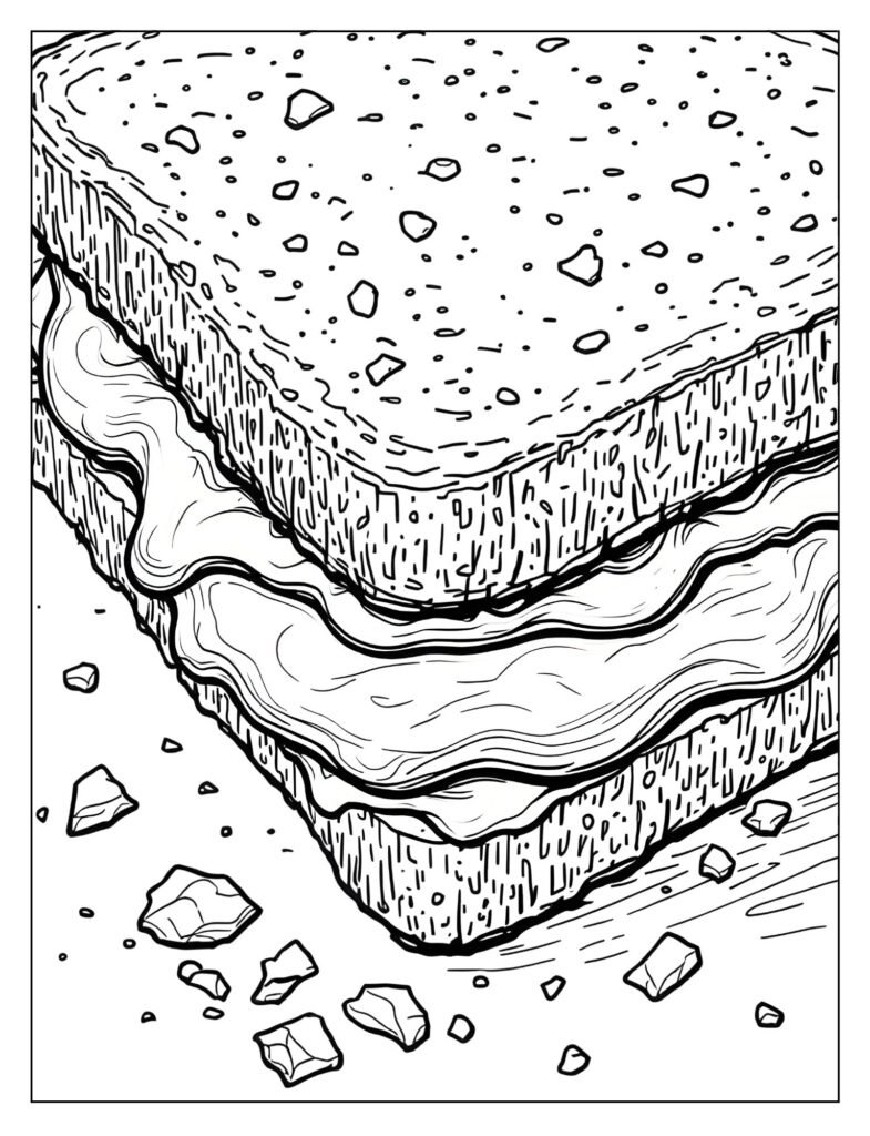 Extreme close-up of the crust corner of a sandwich and the thick line where the peanut butter and jelly meet.