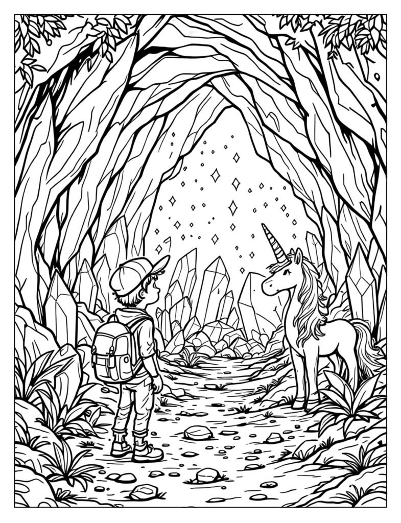 Student and unicorn exploring a crystal cave coloring page