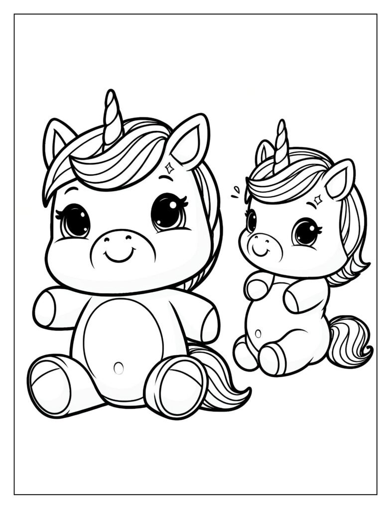 An outline drawing of an exceptionally cute baby unicorn, emphasizing its adorable features, ready for coloring.