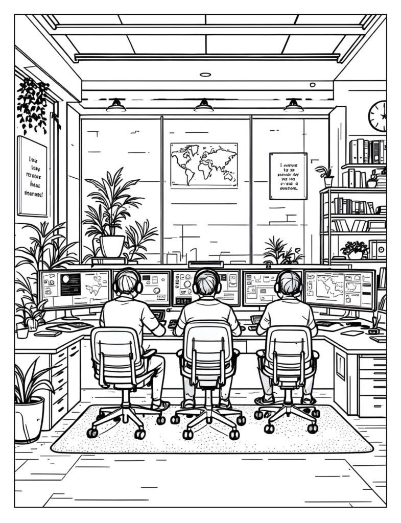 A quiet room with dispatch operators wearing headsets and looking at multiple computer screens.