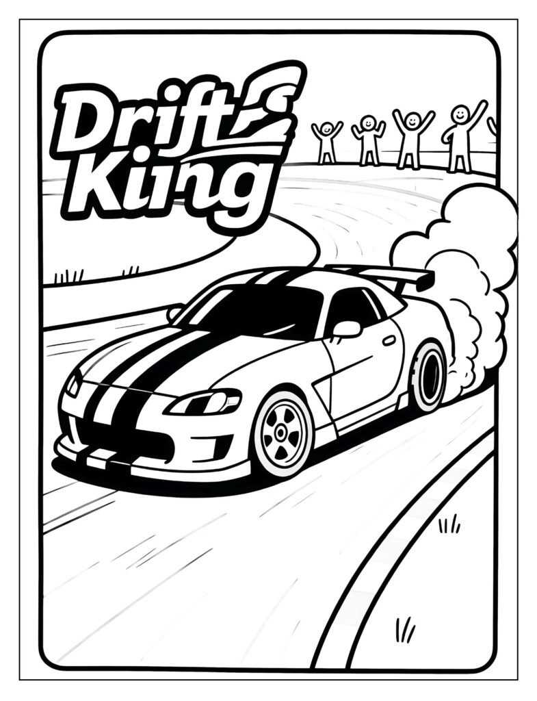A professional racing car with a "Drift King" title, in a drift.