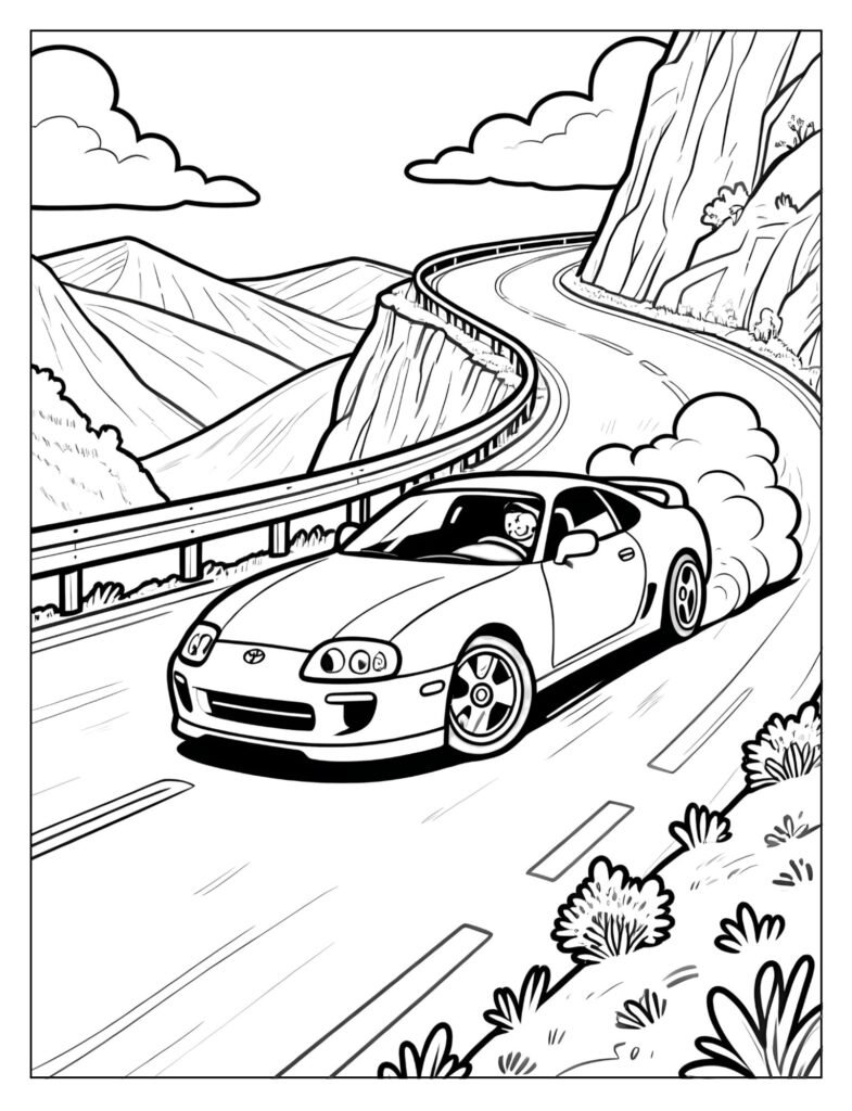 A legendary JDM car drifting on a winding mountain road.