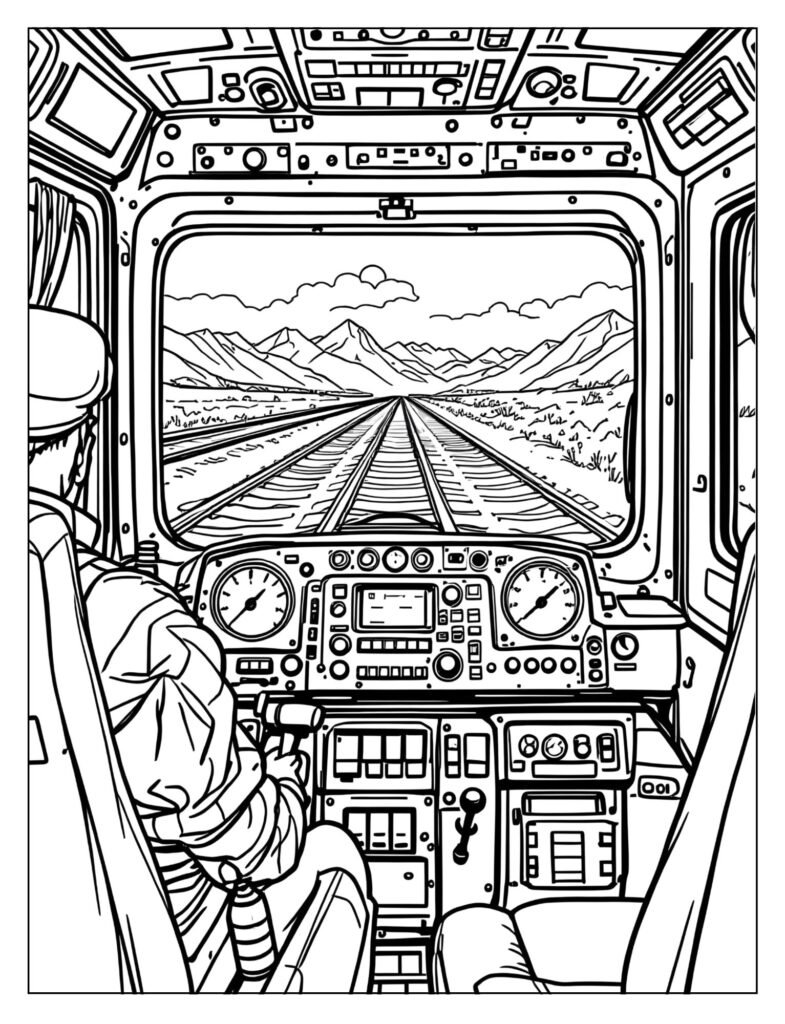 View from inside the bullet train driver's cab showing the control panel and track ahead.