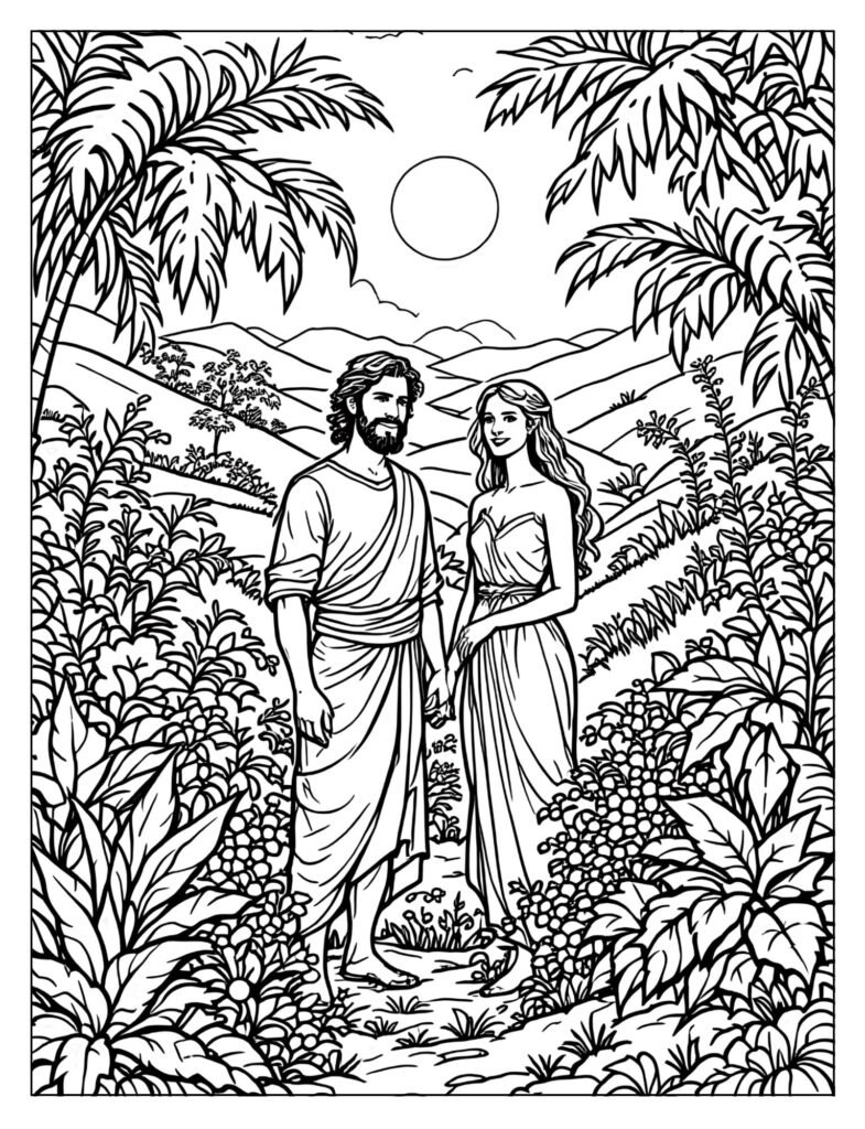 A detailed garden with Adam and Eve in the center.