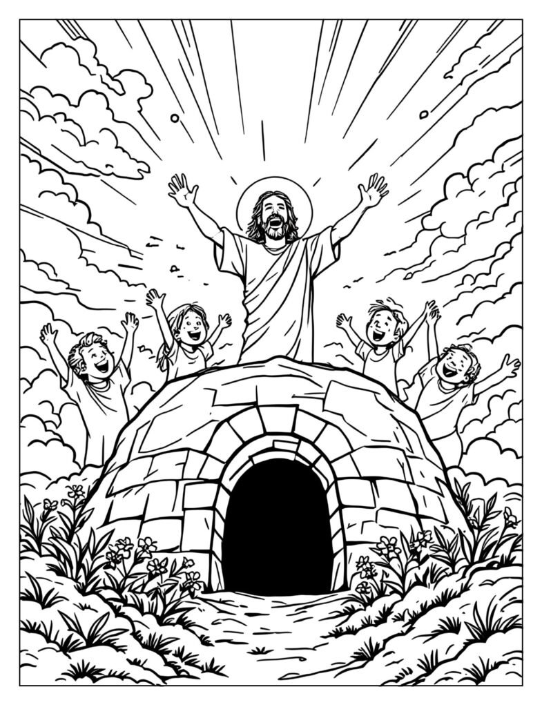 Empty tomb of Jesus resurrection coloring page
