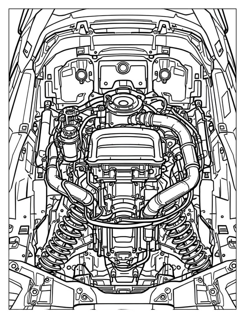 Technical drawing focusing on the exposed engine compartment of a snowmobile, showing the motor, exhaust pipe, and suspension components.