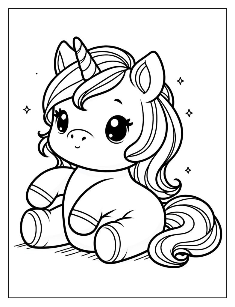 A black and white illustration of a baby unicorn in a fantastical setting with elements of magic and wonder, ready for coloring.