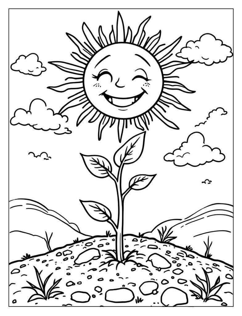 Single tiny sprout pushing up from the ground coloring page